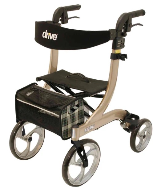 Leichter Outdoor-Rollator mit Sitzfläche zum Ausruhen - ideal für Spaziergänge draußen.